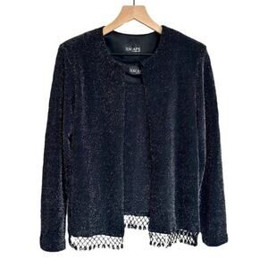 Xscape Two Piece Metallic Black Beaded Fringe Cocktail Set Size L